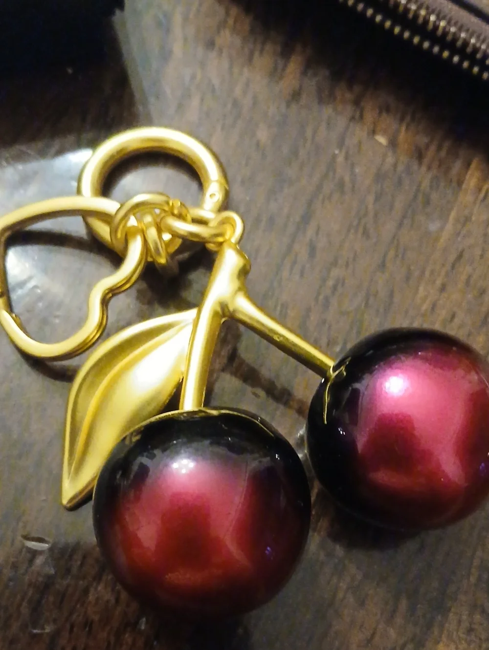 Gold Cherry Pendant Keychain with Deep Red Spheres
